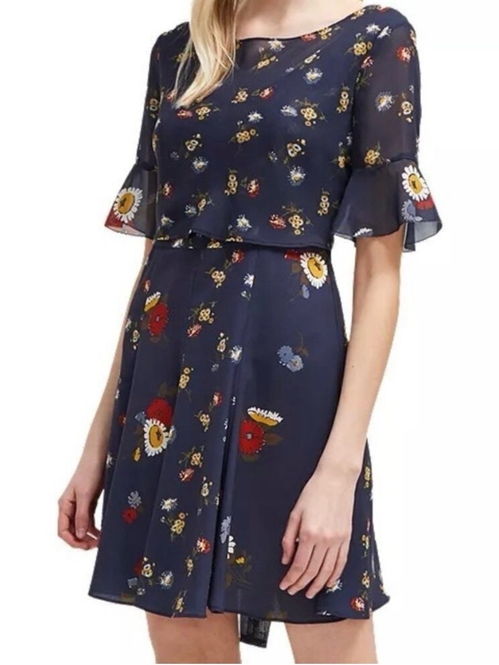 Navy Floral Short Sleeve Fit & Flare Dress